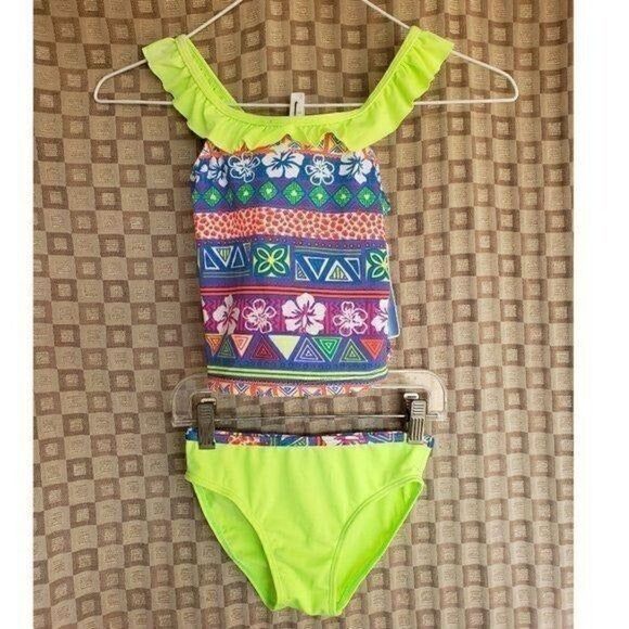 Girls Swimwear Tankini 2 piece Yellow Graphic Ruffle Toddler Size 4-5 NWT - Picture 2 of 6